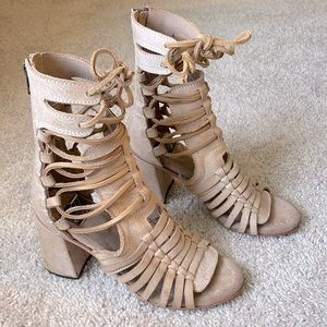 Freebird by Steven Tess light Brown Tan Open Toe Lace Up Heels
